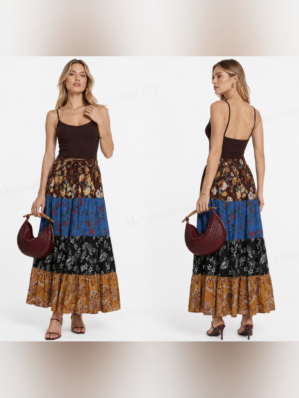 NWT Jackpot Breathable Boho Multi-Color Tiered Maxi Skirt Patchwork Gypsy